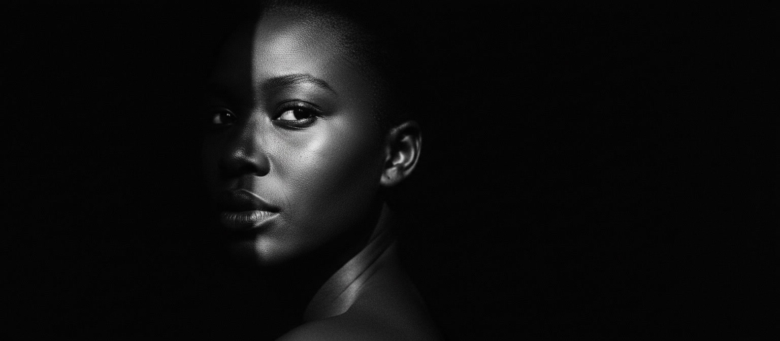 A South African woman turned away, looking back directly at the camera.