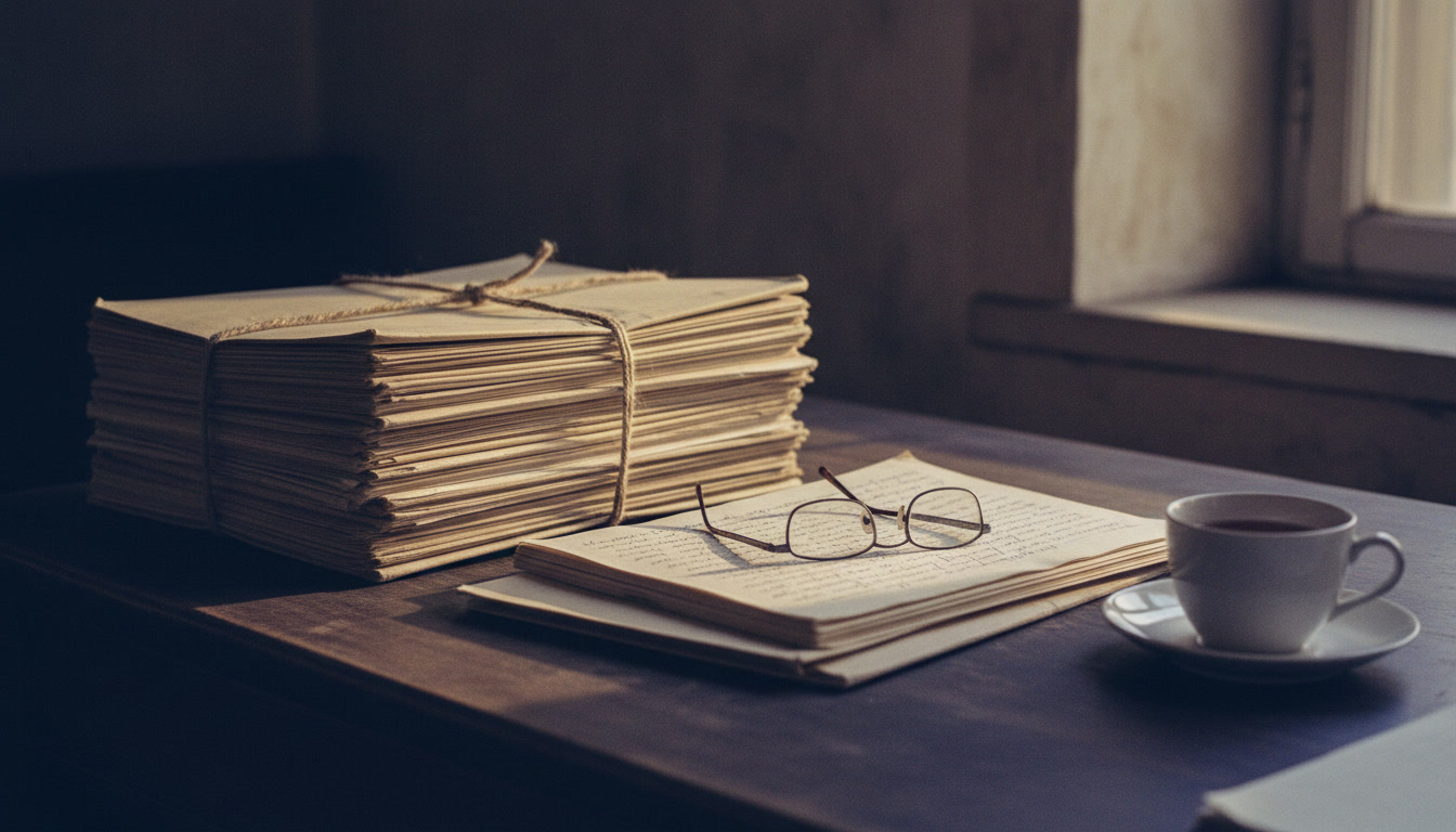 A desk of case files and handwritten notes in late afternoon light.
