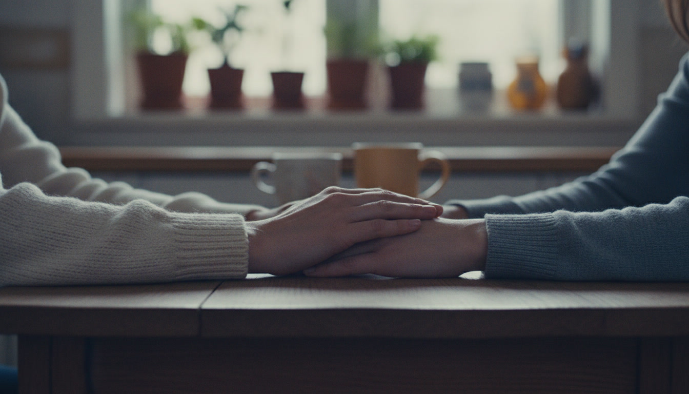 Two women's hands resting together on a table.