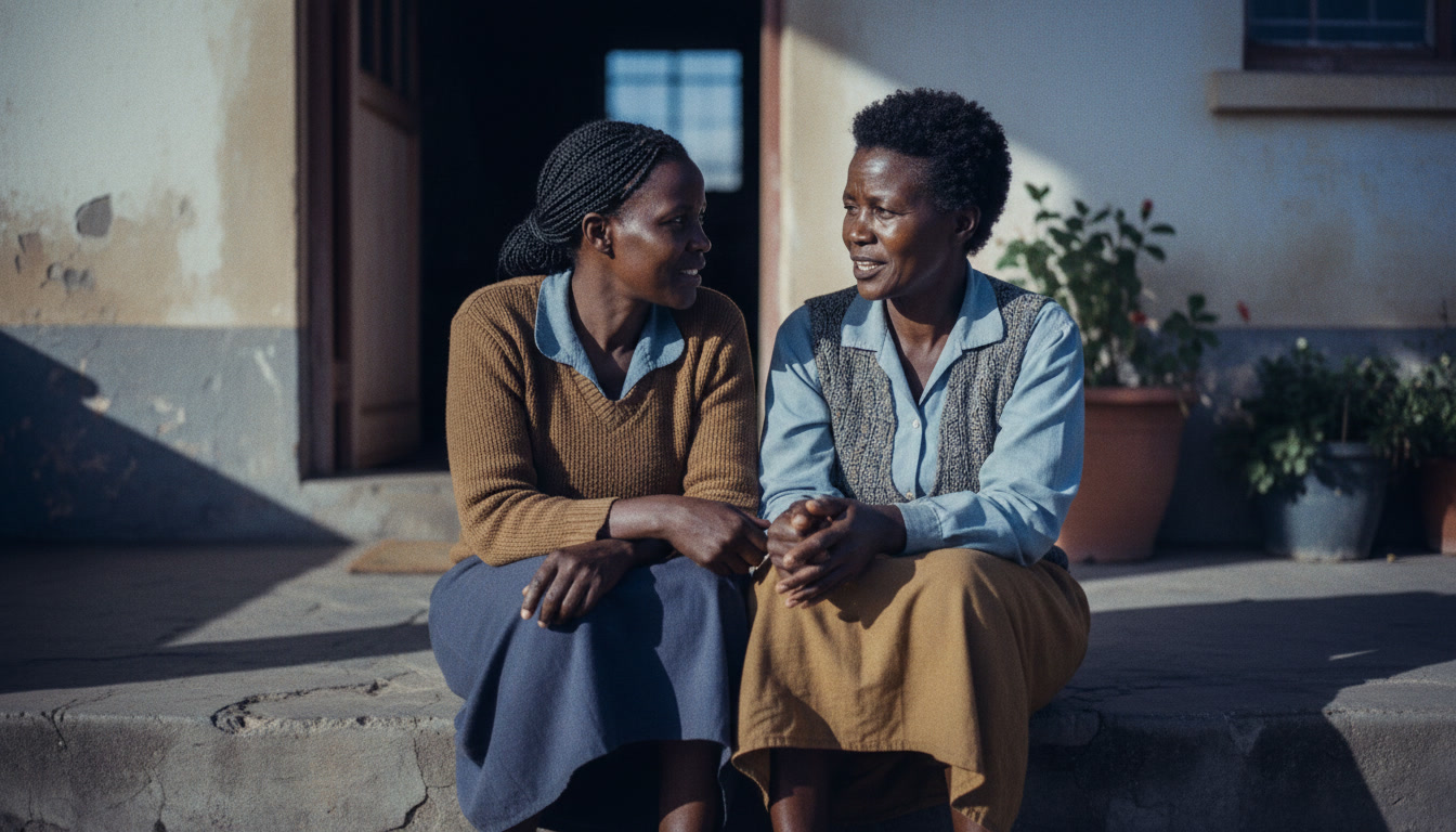 Two women sitting together on a step outside, talking.